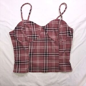 Timing Womens Pink Plaid Cropped Cami Corset Top Sweetheart Neck Size M